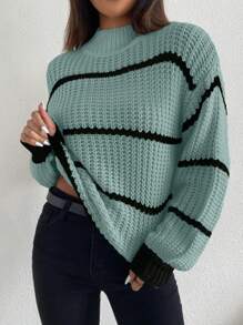 Celisse Striped Pattern Drop Shoulder Sweater,Long Sleeve Tops Knit Pullover Fall Winter Outfit - Green - View 3