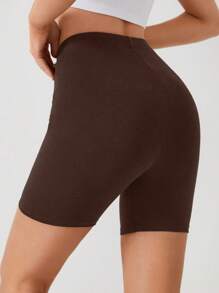 Cottnline Solid Wideband Waist Biker Shorts - Brown - View 6
