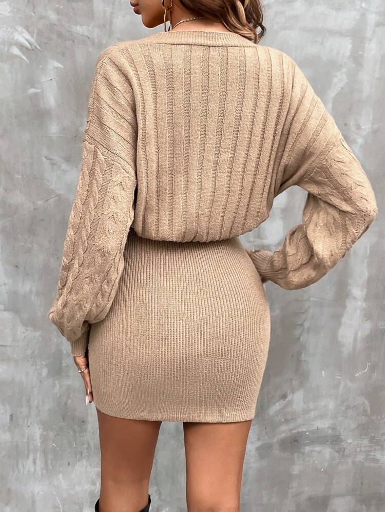 Cable Knit Drop Shoulder Button Detail Sweater Dress Fall Winter Cloth For Women