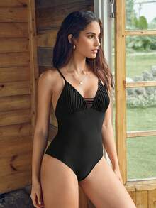 Swim Vcay 素色胸部褶皺一片式吊帶泳衣 - 黑色 - 查看 6
