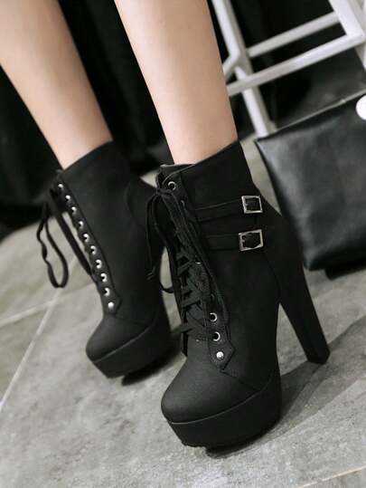 女士厚底短靴，仿皮系带搭扣高跟中筒靴，休闲或派对皆宜，哥特风高跟短靴，女士厚底高跟鞋