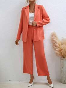 SHEIN Privé Lapel Neck Blazer & Wide Leg Pants - Orange - View 1