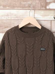 SHEIN 男大童字母貼布麻花編織套頭毛衣 - 棕色 - 查看 3