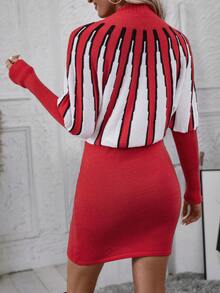 SHEIN Unity Mẫu sọc Tay áo Đầm Áo len - Đỏ và trắng - Xem 2