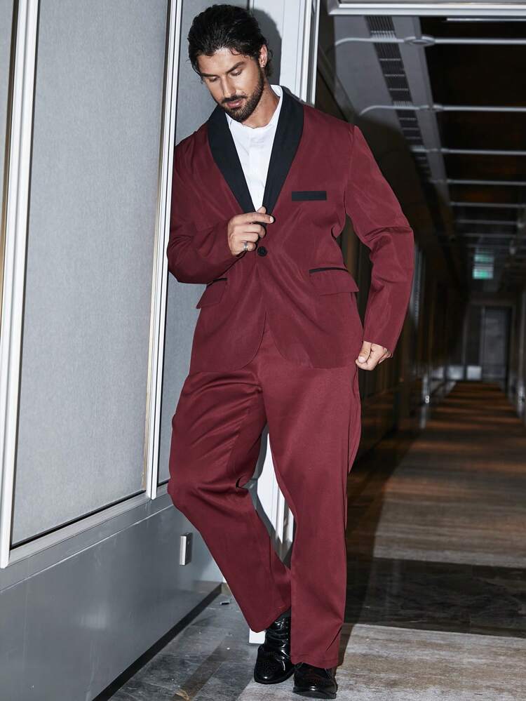 Men Plus Contrast Panel Shawl Collar Blazer & Pants