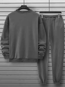 Manfinity Homme Men Drop Shoulder Thermal Sweatshirt & Sweatpants - Dark Grey - View 2