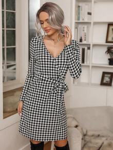 Fashionable Women's Black & White Checkered Belted Dress - Black and White - View 7