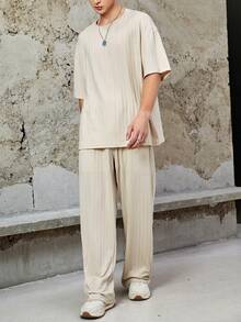 Claim Dot 寬鬆款男士垂墜肩t恤和束腰束口長褲 - 卡其色 - 查看 5