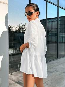 Cottnline Roll Tab Sleeve Ruffle Hem Blouse - White - View 2