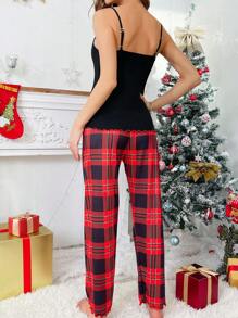 Christmas Print Cami Top & Plaid Pants PJ Set - Black - View 2