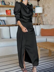 Draped Collar Puff Sleeve Draped Front Satin Dress - Black - View 3