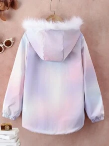 SHEIN Tween Girl 扎染毛绒边连帽保暖衬里棉服 - 粉色 - 查看 2