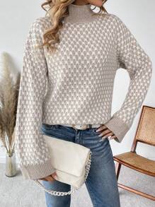 SHEIN Frenchy 菱形印花高領落肩袖套頭毛衣 - 卡其色 - 查看 1