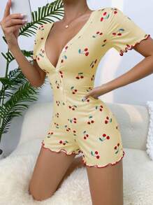 Cherry Print Lettuce Trim Button Front Sleep Romper