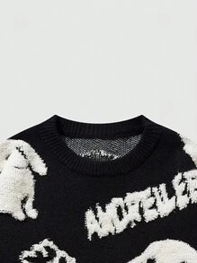 ANDREILEE Men's Casual Rabbit & Letter Pattern Drop Shoulder Sweater, Autumn/Winter - Black - View 3
