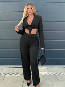 SHEIN SXY 腰部鏤空短版西裝和褲子 - 黑色 - 查看 1