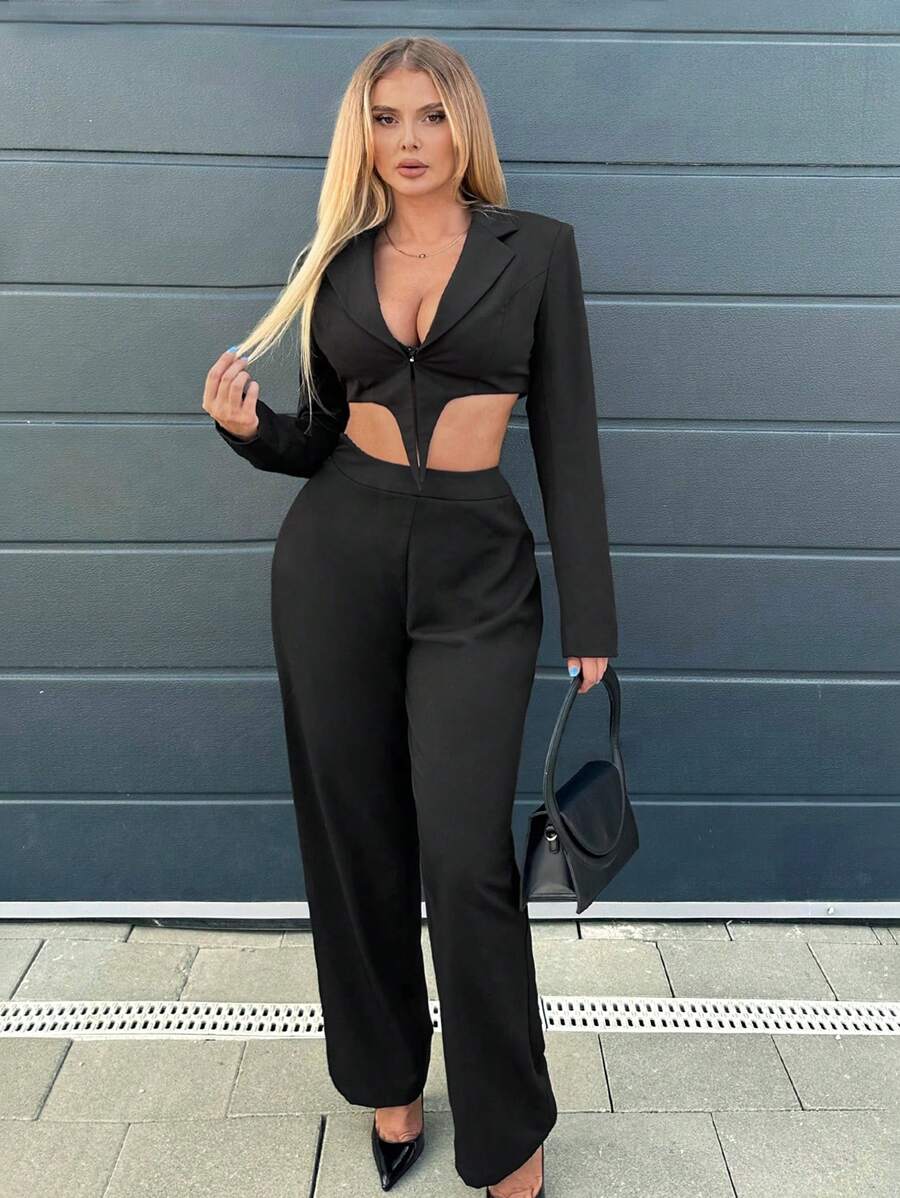 SHEIN SXY 腰部鏤空短版西裝和褲子 - 黑色 - 查看 1