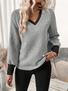 SHEIN Clasi Contrast Trim Lantern Sleeve Blouse - Black and White - View 5