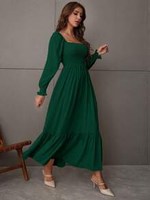 LUMIGAL Square Neck Shirred Ruffle Hem Dress Maxi Vacation Beach Outfits Women Fall Cloth For Women - Dark Green - View 3