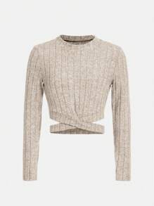 SHEIN Tween Girl Crisscross Cut Out Waist Crop Tee - Apricot - View 1