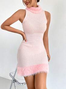 SHEIN Privé 毛茸邊小高領無袖毛衣洋裝 - 粉色 - 查看 5