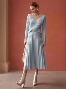 MOTF PREMIUM Jersey con mezcla de lana suelto tejido de cable & Falda de punto fruncido - Celeste - Ver 3