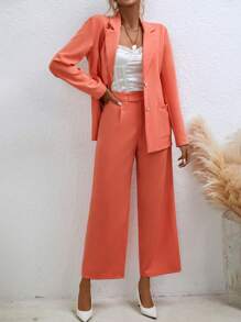 SHEIN Privé Lapel Neck Blazer & Wide Leg Pants - Orange - View 5