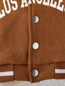 女嬰字母圖案條紋飾邊學院風夾克不帶T恤 - 棕色 - 查看 5