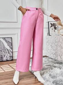 SHEIN LUNE Zipper Fly Wide Leg Pants Fall Cloth For Women - Pink - View 3