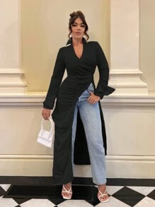 SHEIN SXY Tay áo loe Xù Viền không đối xứng Áo sơ mi - màu đen - Xem 4