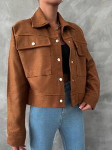 RueChic Flap Pocket Drop Shoulder Overcoat - Brown - View 5