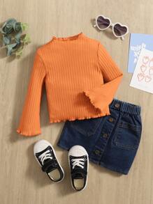 SHEIN Baby Girl Lettuce Trim Trumpet Sleeve Ribbed Knit Tee - Orange - View 1
