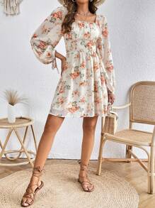SHEIN VCAY Floral Print Knot Cuff Lantern Sleeve Dress