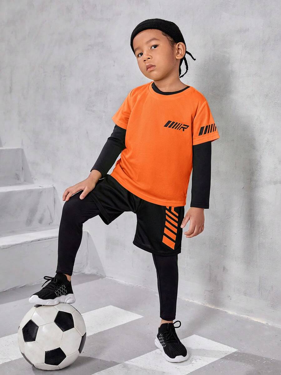 SHEIN Young Boy Letter Graphic 2 In 1 Active Set - Orange - View 1