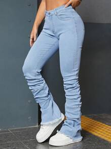 SHEIN ICON High Waist Ruched Raw Hem Stacked Jeans - Light Wash - View 4