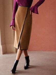 MOTF PREMIUM 羊毛混紡仿皮邊半身裙 - 駝色 - 查看 4