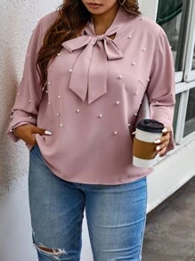 SHEIN CURVE+ Plus Pearls Beaded Tie Neck Lantern Sleeve Blouse - Pink - View 3
