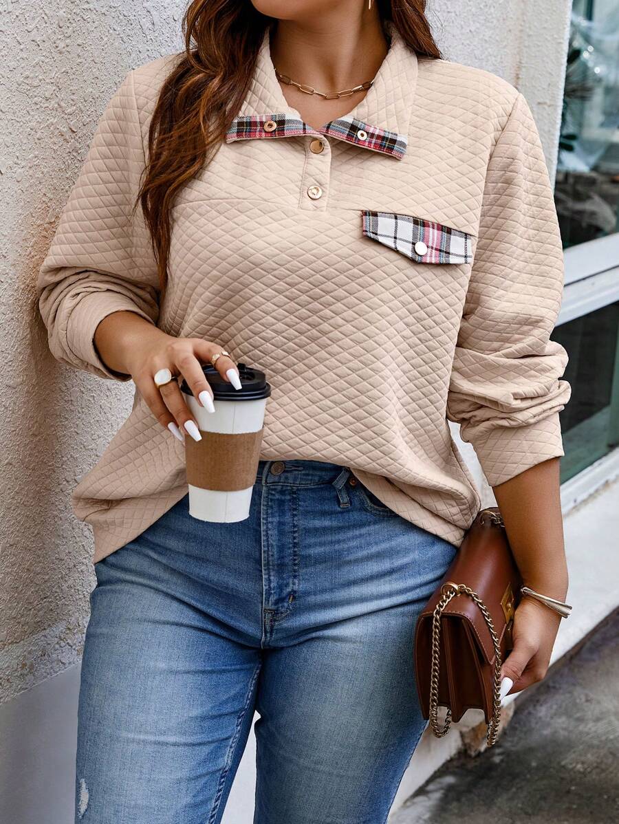 Calvaya Talla grande Sudadera con estampado de cuadros de cuello polo - Albaricoque - Ver 1