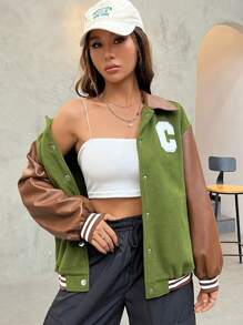 SHEIN EZwear Letter Patched Striped Trim Drop Shoulder Colorblock Striped Trim Jacket