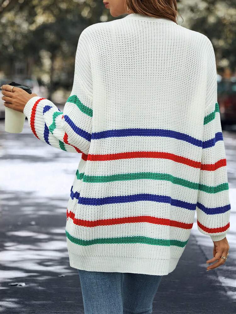 Striped Pattern Drop Shoulder Pocket Patched Duster Cardigan