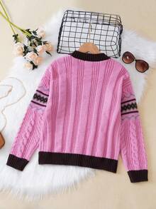 SHEIN Tween Girl Geo Pattern Contrast Trim Cable Knit Sweater - Multicolor - View 2