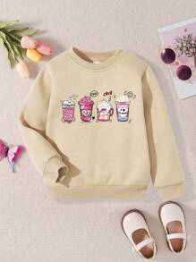 SHEIN Young Girls Cartoon Graphic Thermal Lined Sweatshirt - Khaki - View 1