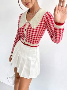 SHEIN Qutie 格子圖案珍珠串珠彼得潘領短款開衫 - 紅白色 - 查看 3