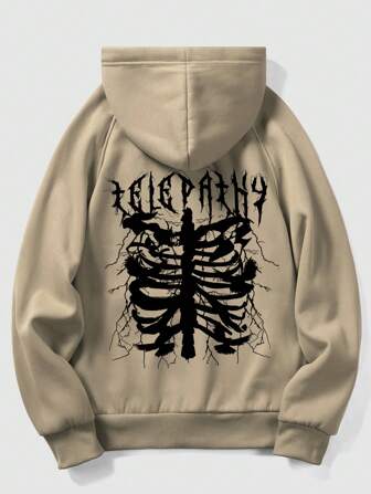 Grunge Punk Sudadera con capucha con estampado de esqueleto, bolsillo tipo canguro y cordón para hombres, para Halloween y la escuela