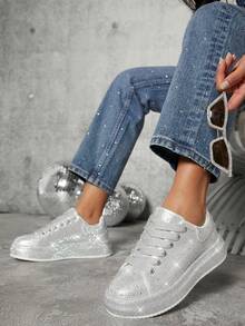 Rhinestone Lace Up Front Skate Shoes - Silver - View 5