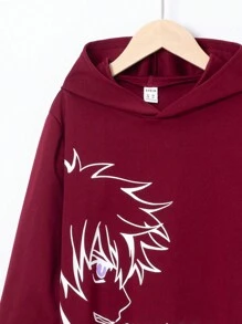 SHEIN 男大童日文和人像圖案連帽衫和腰部抽繩衛褲 - 酒紅色 - 查看 4