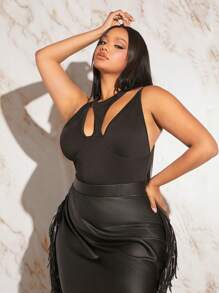 SHEIN SXY Plus Cut Out Front Tank Bodysuit - Black - View 1