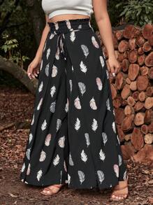 SHEIN VCAY Plus Feather Print Tie Front Wide Leg Pants - Multicolor - View 2