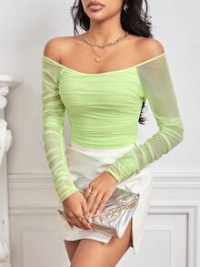 SHEIN Privé 一字肩褶邊網紗上衣 - 綠色 - 查看 3
