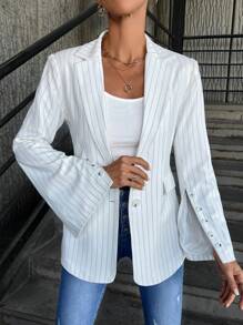 RueChic Striped Print Split Sleeve Single Breasted Blazer - White - View 5